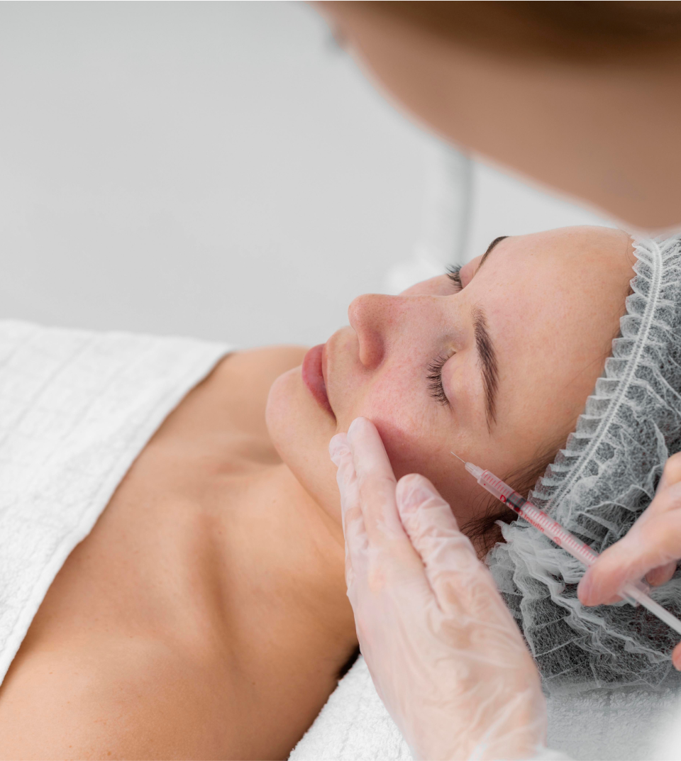 A patient receiving a facial rejuvenation treatment at a cosmetic dermatology clinic, lying down with eyes closed, wearing a disposable hair net, as a healthcare professional wearing gloves administers an injection in a clean, professional setting.