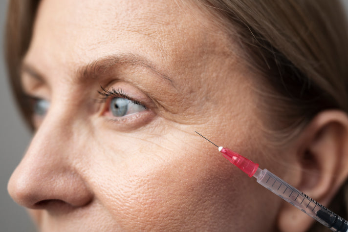 Close-up of a dermatologist injecting Botox into the fine lines around a white woman's eyes, targeting wrinkles for a smoother, more youthful appearance