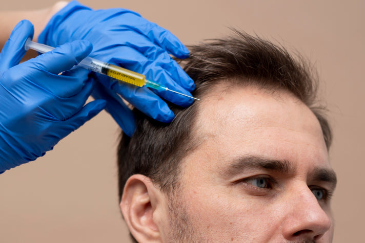 A dermatologist injecting Platelet Rich Plasma (PRP) into a male patient's scalp, a procedure designed to promote hair growth and improve hair thickness.