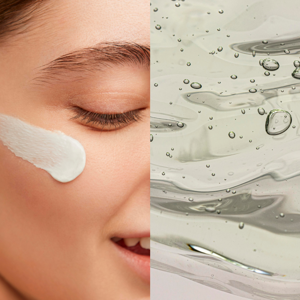 Split image featuring a close-up of a young Caucasian woman with dermatological cream on her cheek and a close-up of a transparent gel skincare product. Effective facial care for hydration and skin health.